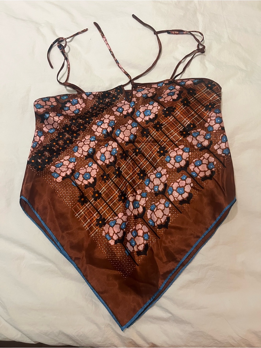 Geoffrey Beene Brown Floral Bandana Halter with Blue Accents